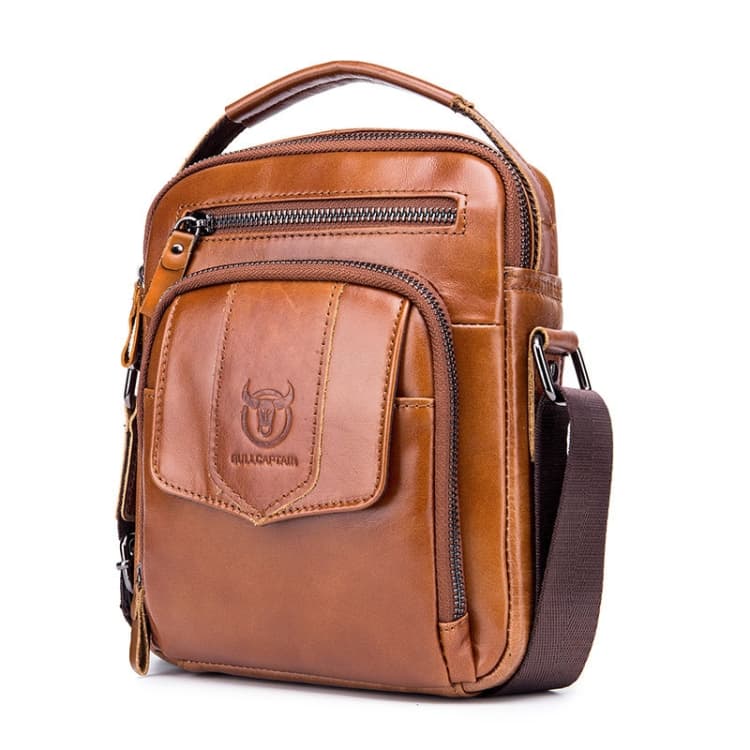 BULL CAPTAIN 777 Men Leather Shoulder Bag First-Layer Cowhide Retro Large Capacity Satchel(Yellow Brown)