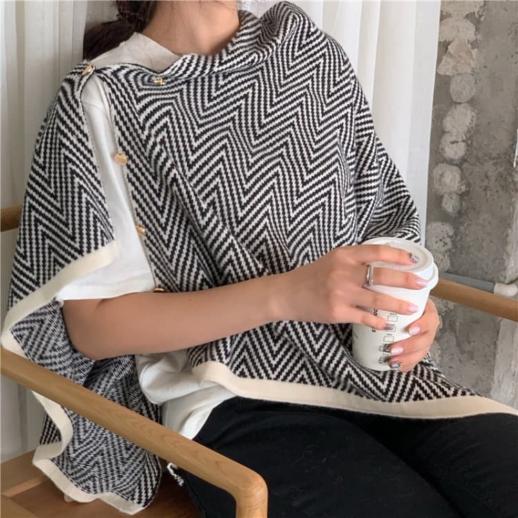 Button Striped Scarf Dual-Use Autumn & Winter Thickened Warmth Imitation Cashmere Shawl(Black)