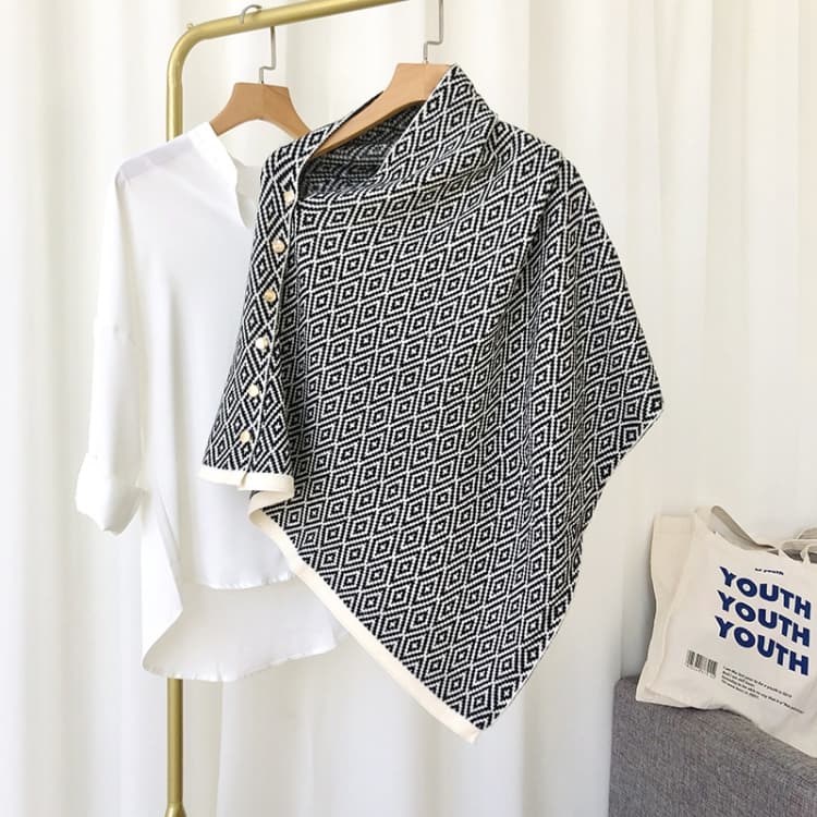 Button Striped Scarf Dual-Use Autumn & Winter Thickened Warmth Imitation Cashmere Shawl(Rhombus-Black)