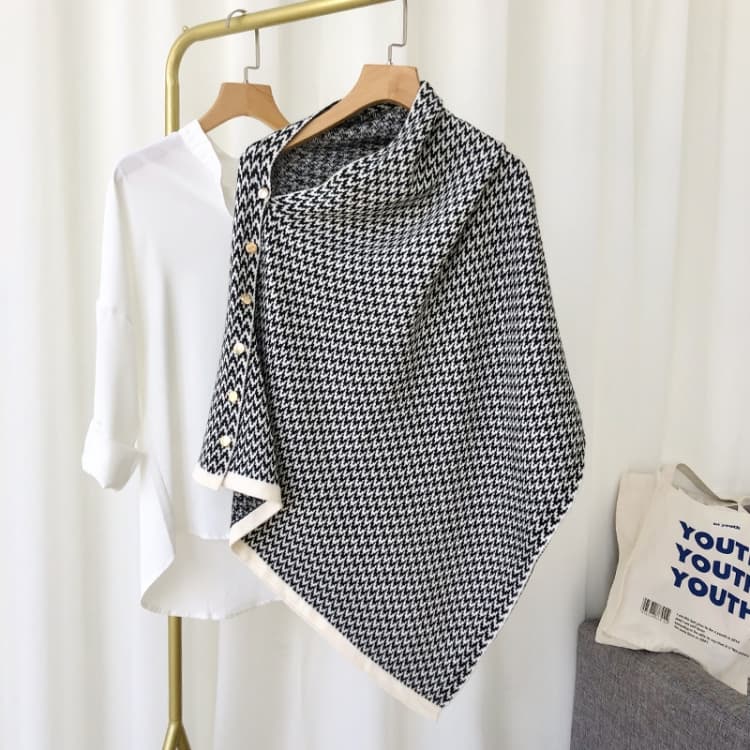 Button Striped Scarf Dual-Use Autumn & Winter Thickened Warmth Imitation Cashmere Shawl(Wave-Black)