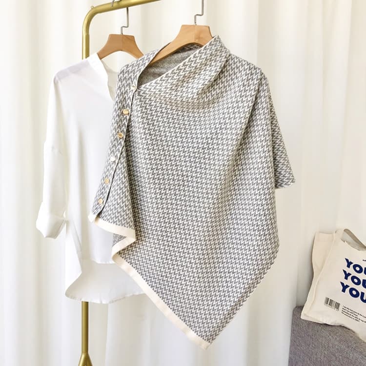 Button Striped Scarf Dual-Use Autumn & Winter Thickened Warmth Imitation Cashmere Shawl(Wave-Gray)