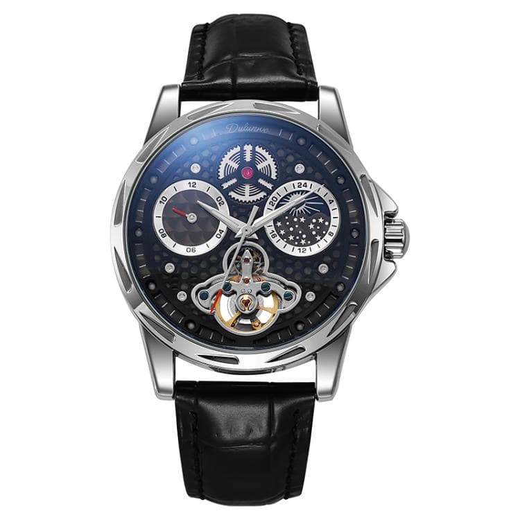 Dulunwe 6060C 30m Waterproof Luminous Automatic Mechanical Watch(White Steel Leather Strap Black)