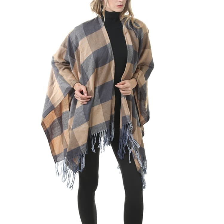Scialle classico a quadri con frange, mantella in cashmere imitation spessa (P30)