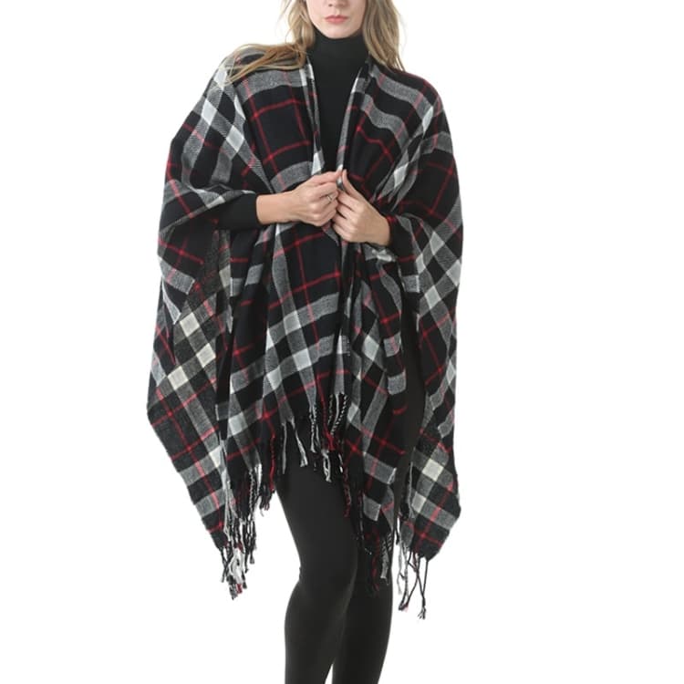 Scialle classico a quadri con frange, mantella in cashmere imitazione addensata (P394)