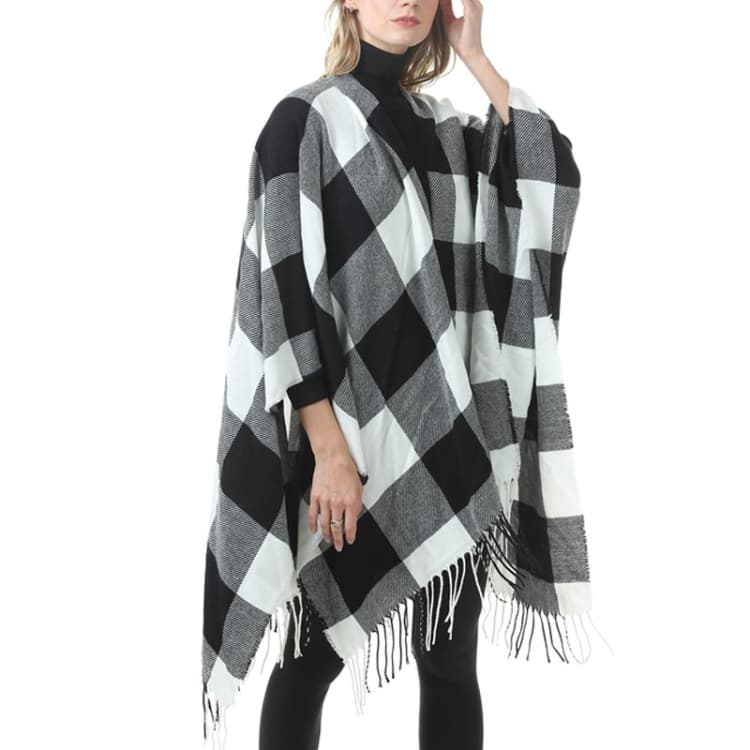 Scialle classico a quadri sfrangiato con frange, mantella in cashmere imitazione addensata (P397)