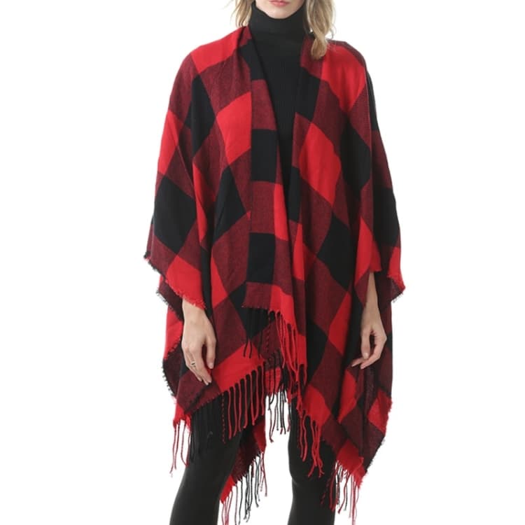 Scialle classico a quadri con frange, mantella in cashmere imitazione spessa (P398)