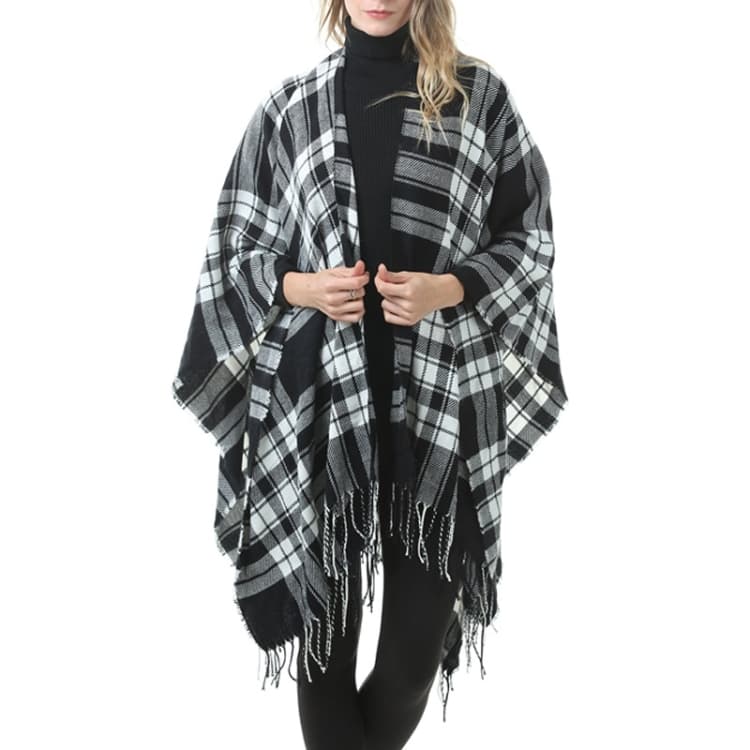 Scialle classico a quadri con frange, mantella in finta cashmere imbottita (P727)