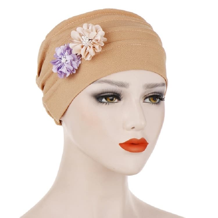 Flowers Decoration Linen Hexagon Turban Hat Wrap Cap(Khaki)