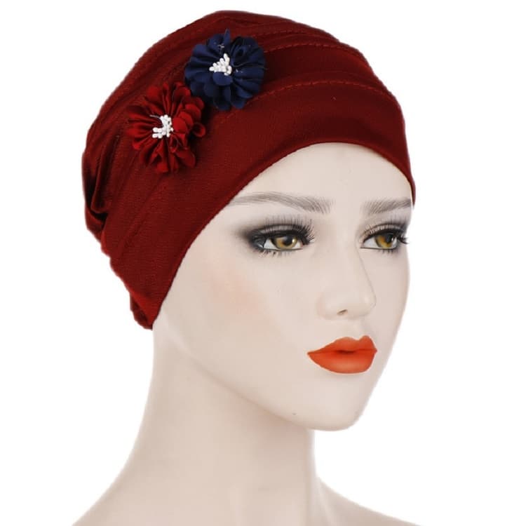 Flowers Decoration Linen Hexagon Turban Hat Wrap Cap(Red Wine)