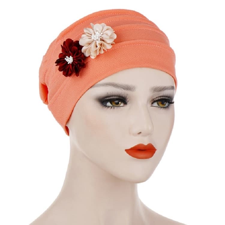 Flowers Decoration Linen Hexagon Turban Hat Wrap Cap(Watermelon Red)