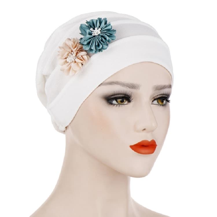 Flowers Decoration Linen Hexagon Turban Hat Wrap Cap(White)