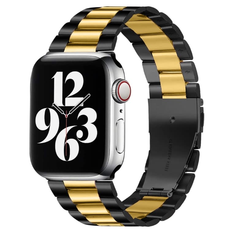 For Apple Watch Series 10 42mm / 9&8&7 41mm / SE 3&SE 2&6&SE&5&4 40mm / 3&2&1 38mm Fold Buckle 3 Beads Stainless Steel Watch Band (Black Gold)