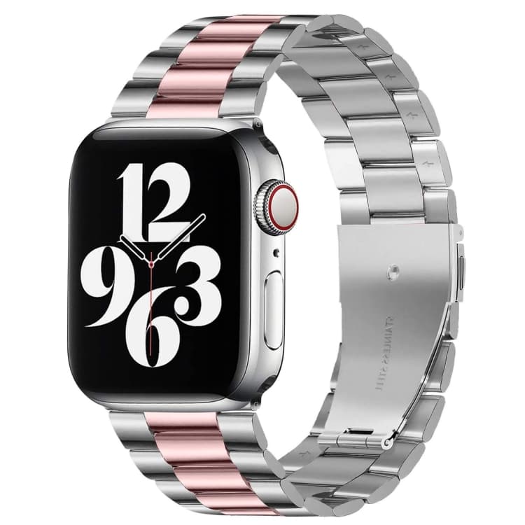 For Apple Watch Series 10 42mm / 9&8&7 41mm / SE 3&SE 2&6&SE&5&4 40mm / 3&2&1 38mm Fold Buckle 3 Beads Stainless Steel Watch Band (Silver Pink)