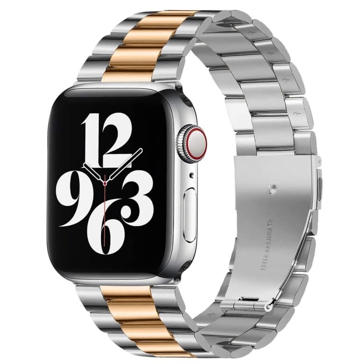 For Apple Watch Series 10 42mm / 9&8&7 41mm / SE 3&SE 2&6&SE&5&4 40mm / 3&2&1 38mm Fold Buckle 3 Beads Stainless Steel Watch Band (Silver+Rose Gold)
