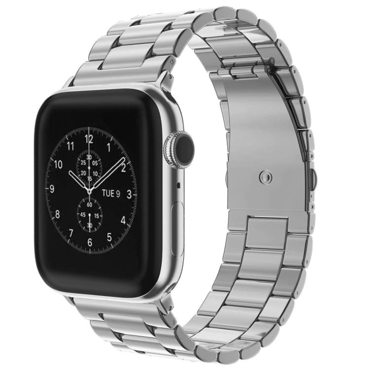 For Apple Watch Series 10 42mm / 9&8&7 41mm / SE 3&SE 2&6&SE&5&4 40mm / 3&2&1 38mm Fold Buckle 3 Beads Stainless Steel Watch Band(Silver)