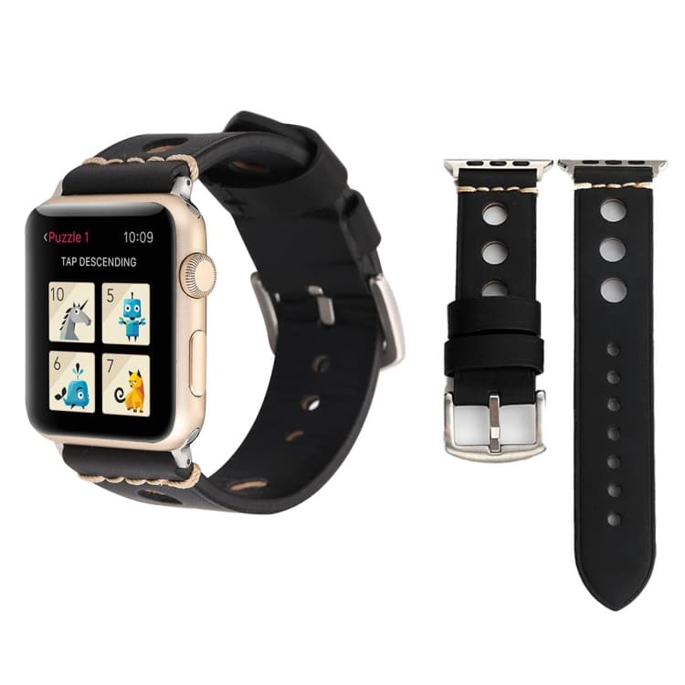 For Apple Watch Series 10 42mm / 9&8&7 41mm / SE 3&SE 2&6&SE&5&4 40mm / 3&2&1 38mm Retro Hole Genuine Leather Wrist Watch Band(Black)