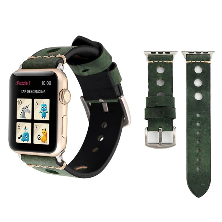 For Apple Watch Series 10 42mm / 9&8&7 41mm / SE 3&SE 2&6&SE&5&4 40mm / 3&2&1 38mm Retro Hole Genuine Leather Wrist Watch Band(Green)