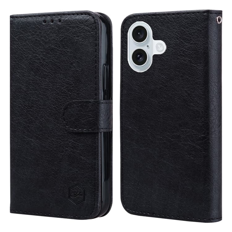 For iPhone 16 Plus Skin Feeling Oil Leather Texture PU + TPU Phone Case(Black)
