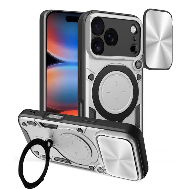 For iPhone 17 Pro CD Texture Sliding Camshield Magnetic Holder Phone Case(Silver)