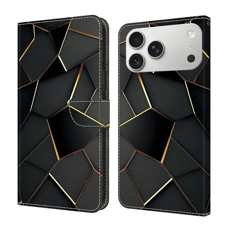 For iPhone 17 Pro Crystal-Like Painted Vegan Leather Phone Case(Black Gold Geometric)