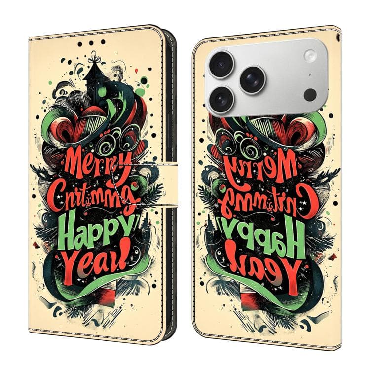 For iPhone 17 Pro Crystal-Like Painted Vegan Leather Phone Case(Christmas Graffiti)