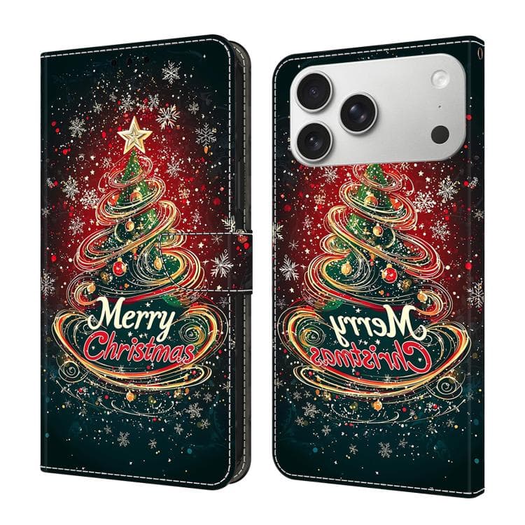 For iPhone 17 Pro Crystal-Like Painted Vegan Leather Phone Case(Christmas Tree)