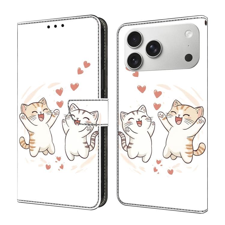 For iPhone 17 Pro Crystal-Like Painted Vegan Leather Phone Case(Heart & Cat)