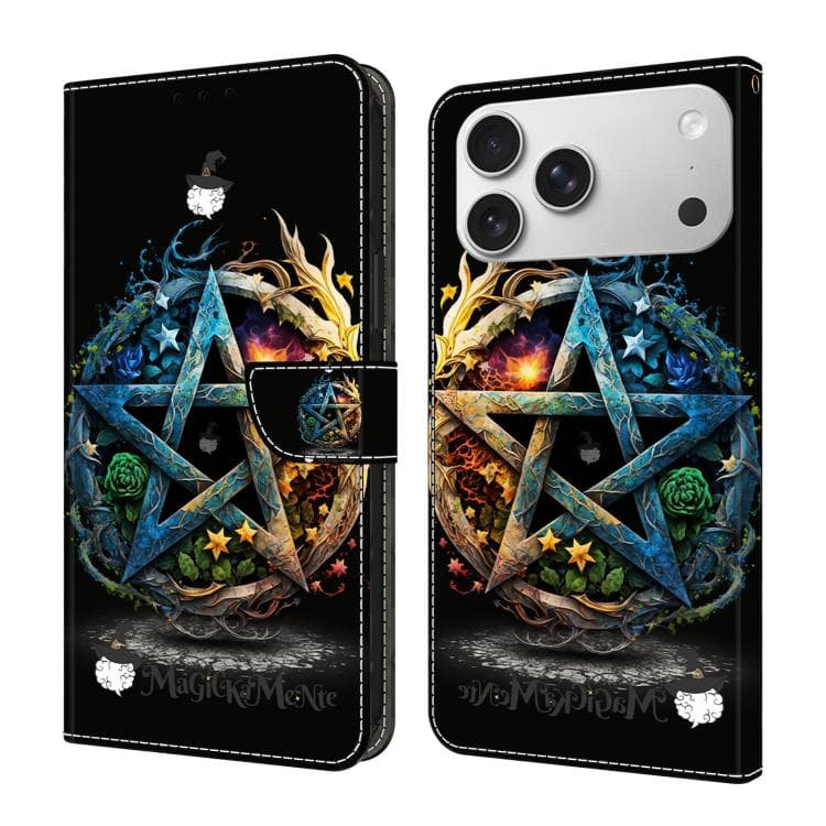 For iPhone 17 Pro Crystal-Like Painted Vegan Leather Phone Case(Pentagram)