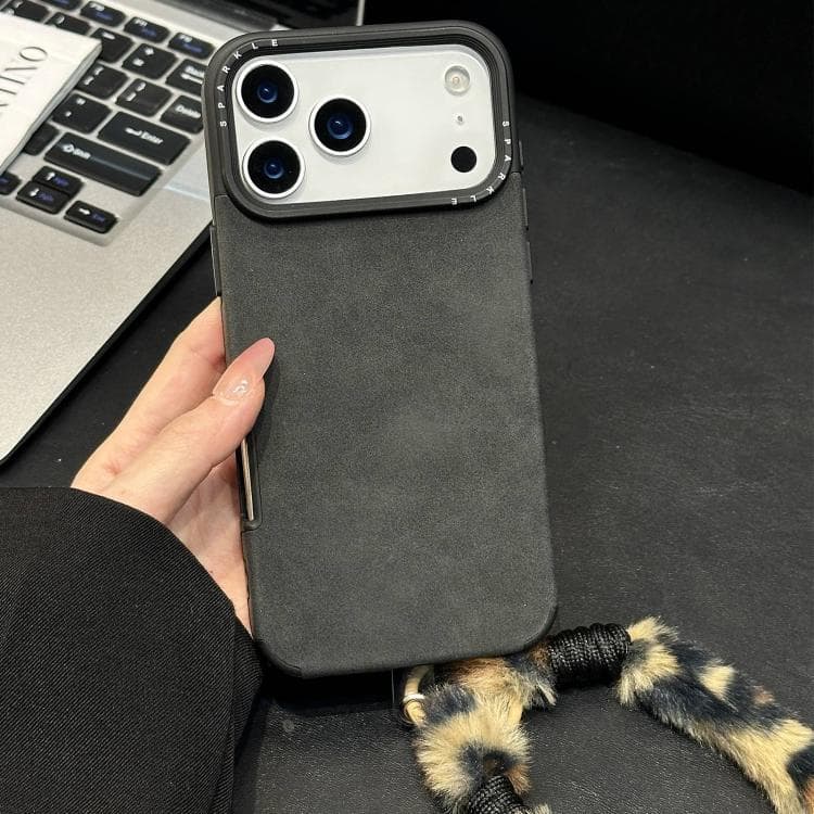 For iPhone 17 Pro Faux Suede Fabric TPU Phone Case with Screen-printed Rabbit Plush Rope(Black)