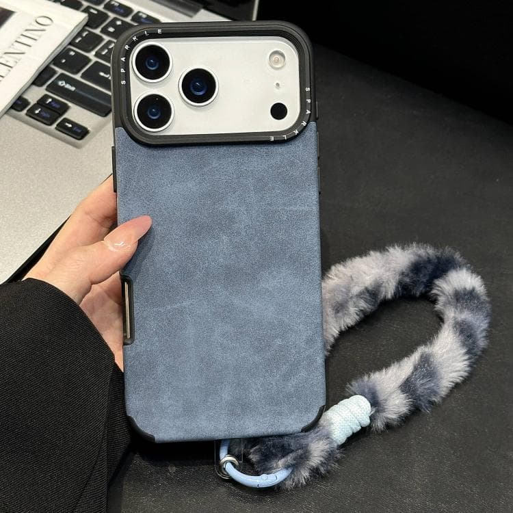 For iPhone 17 Pro Faux Suede Fabric TPU Phone Case with Screen-printed Rabbit Plush Rope(Blue)
