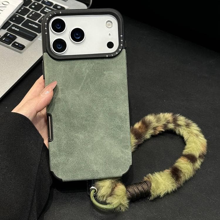For iPhone 17 Pro Faux Suede Fabric TPU Phone Case with Screen-printed Rabbit Plush Rope(Green)