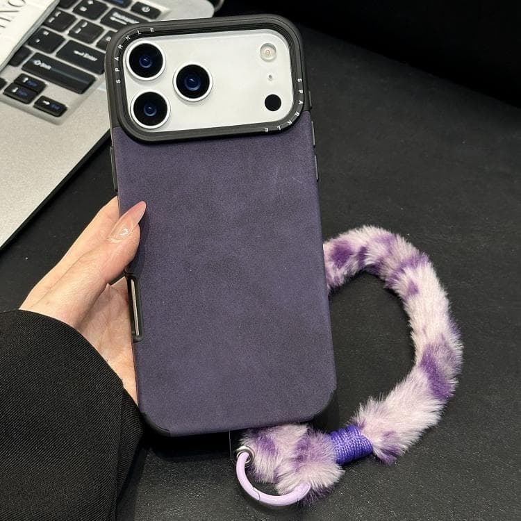 For iPhone 17 Pro Faux Suede Fabric TPU Phone Case with Screen-printed Rabbit Plush Rope(Purple)