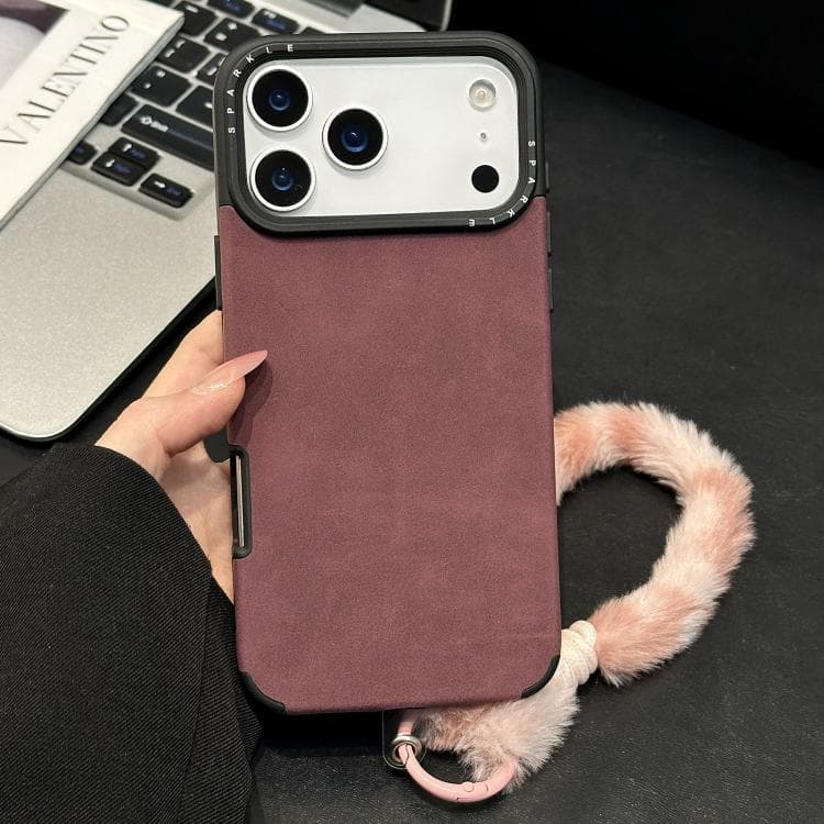 For iPhone 17 Pro Faux Suede Fabric TPU Phone Case with Screen-printed Rabbit Plush Rope(Red)