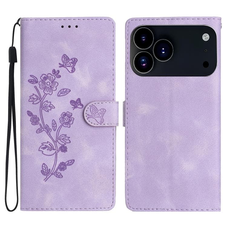For iPhone 17 Pro Flower Butterfly Embossing Pattern Leather Phone Case(Purple)