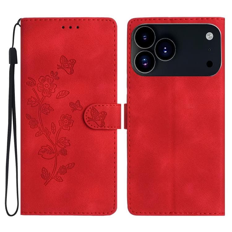 For iPhone 17 Pro Flower Butterfly Embossing Pattern Leather Phone Case(Red)