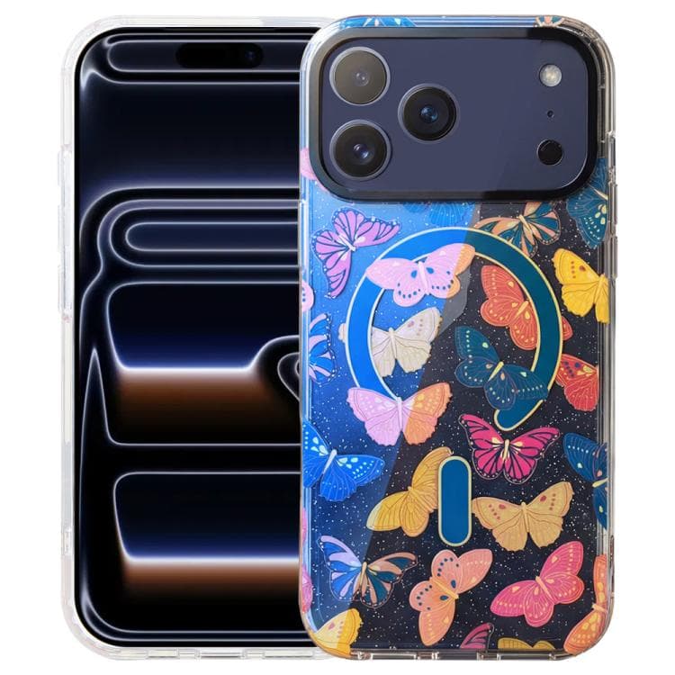 For iPhone 17 Pro IMD Blue Light Jungle Series Magnetic Phone Case(Butterflies)