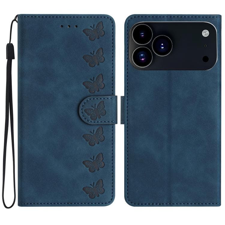 For iPhone 17 Pro Seven Butterflies Embossed Leather Phone Case(Blue)