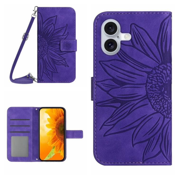 For iPhone 17 Skin Feel Sun Flower Embossed Flip Leather Phone Case with Lanyard(Dark Purple)