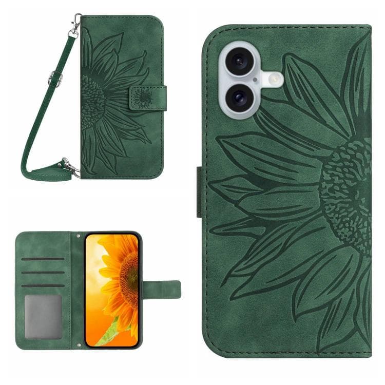 For iPhone 17 Skin Feel Sun Flower Embossed Flip Leather Phone Case with Lanyard(Green)