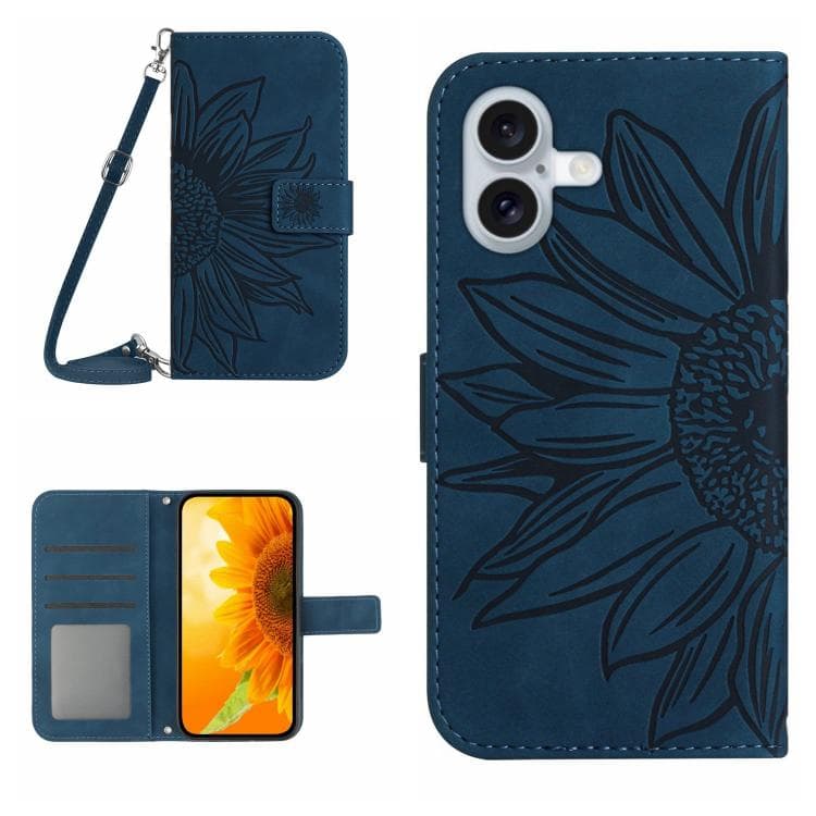 For iPhone 17 Skin Feel Sun Flower Embossed Flip Leather Phone Case with Lanyard(Inky Blue)