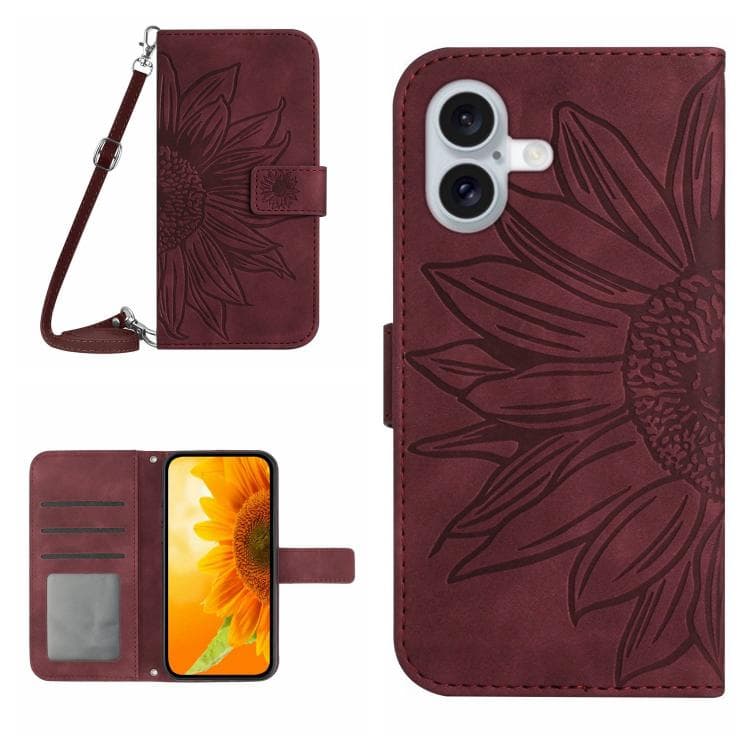 For iPhone 17 Skin Feel Sun Flower Embossed Flip Leather Phone Case with Lanyard(Wine Red)
