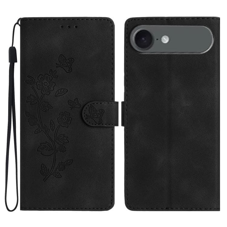 For iPhone Air Flower Butterfly Embossing Pattern Leather Phone Case(Black)