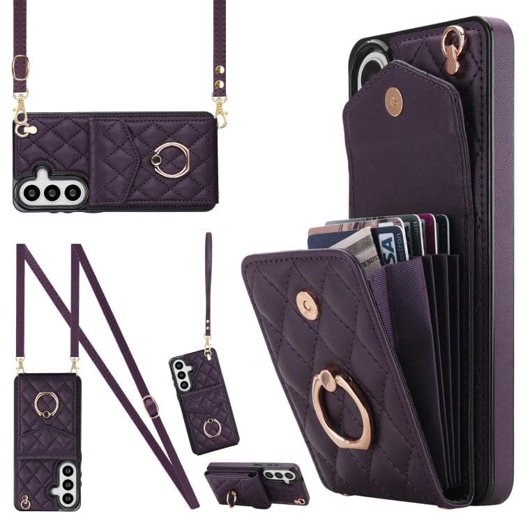 For Samsung Galaxy S26 5G Rhombic Texture Card Bag Phone Case with Long Lanyard(Dark Purple)
