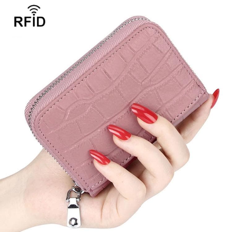 FQ-536 Leather Stone Pattern RFID Anti-Magnetic Credit Card Sleeve Accordion Multi-Card Slot Business Card Holder(Pink)