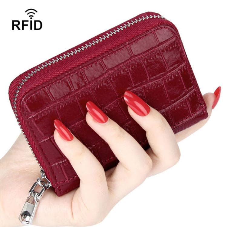FQ-536 Leather Stone Pattern RFID Anti-Magnetic Credit Card Sleeve Accordion Multi-Card Slot Business Card Holder(Red)