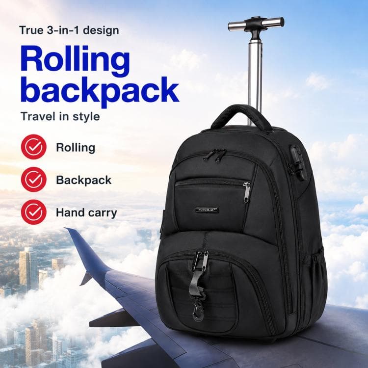 FUGUILAI 18 Inch Rolling Backpack with Combination Lock Convertible Wheeled Laptop Backpack with All-Terrain Quiet Wheels(Black)