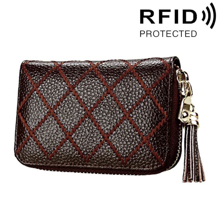 Genuine Cowhide Leather Grid Texture Zipper Card Holder Wallet RFID Blocking Card Bag Protect Case Coin Purse with Tassel Pendant & 15 Card Slots for Women