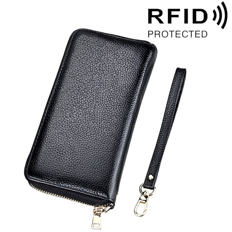 Genuine Cowhide Leather Litchi Texture Zipper Long Style Card Holder Wallet RFID Blocking Coin Purse Card Bag Protect Case with Hand Strap for Women