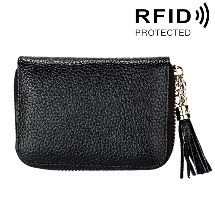 Genuine Cowhide Leather Solid Color Zipper Card Holder Wallet RFID Blocking Card Bag Protect Case Coin Purse with Tassel Pendant & 15 Card Slots for Women