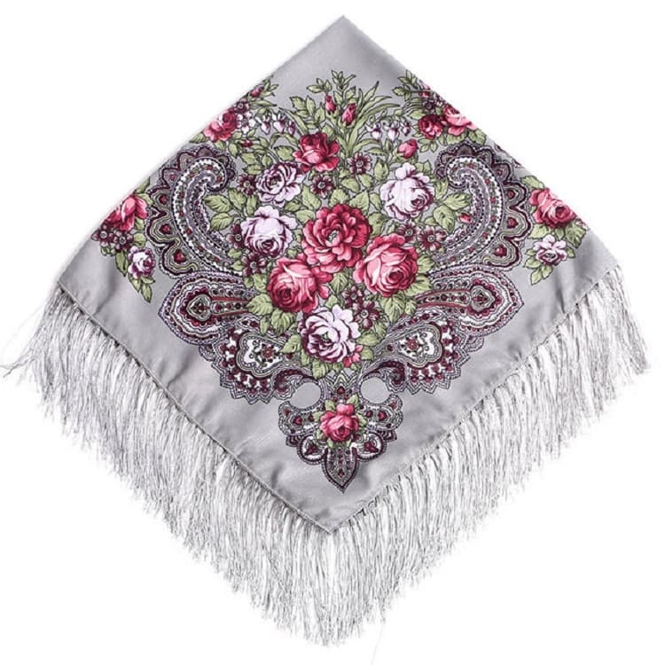Sciarpa quadrata retrò etnica grigia con nappe e motivo floreale, taglia: 90 x 90 cm
